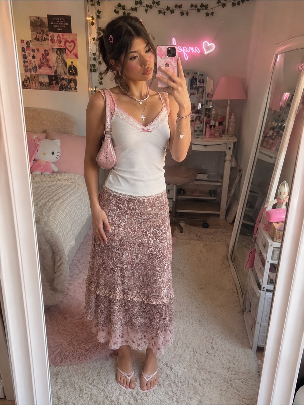 Lace Tiered  asymmetrical Midi Skirt - Pink